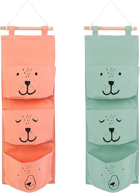 2Pcs Wall Hanging Storage Bag, Hanging Storage Bag with 3 Pockets Waterproof Linen Cotton Hanging Bag Organizer Hanging Storage Bag Wall Hanging Sundry Bag for Bedroom Bathroom Kitchen Green+Orange