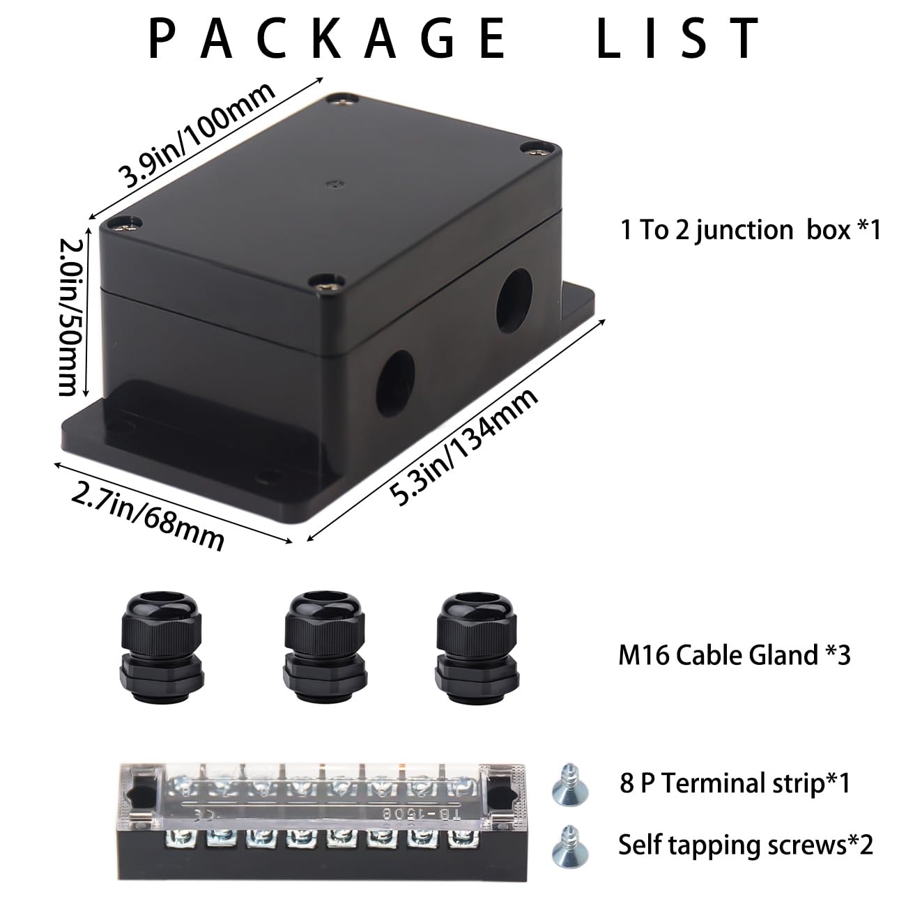 Watertight Junction Box, IP67 Waterproof Electrical Project Box with 8P 15A Barrier Terminals,1 in/2 Out Cable Glands Electronic Enclosure 3.94" x 2.68" x 1.97"