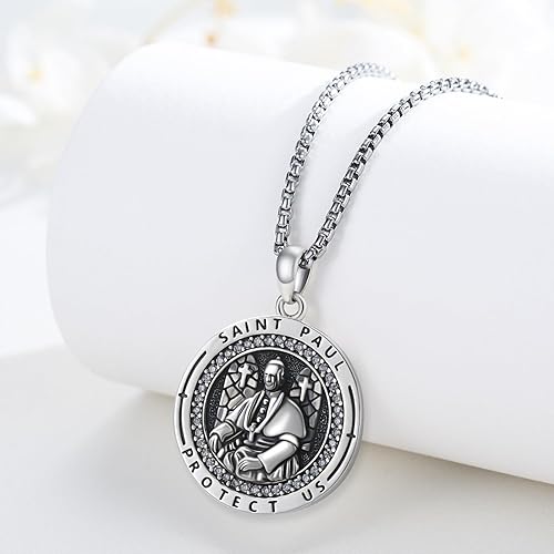 Vista 356 de Collar con colgante de plata de ley 925 con medalla de San Patrón, joyería religiosa para hombres y mujeres, con cadena de acero inoxidable 316L
