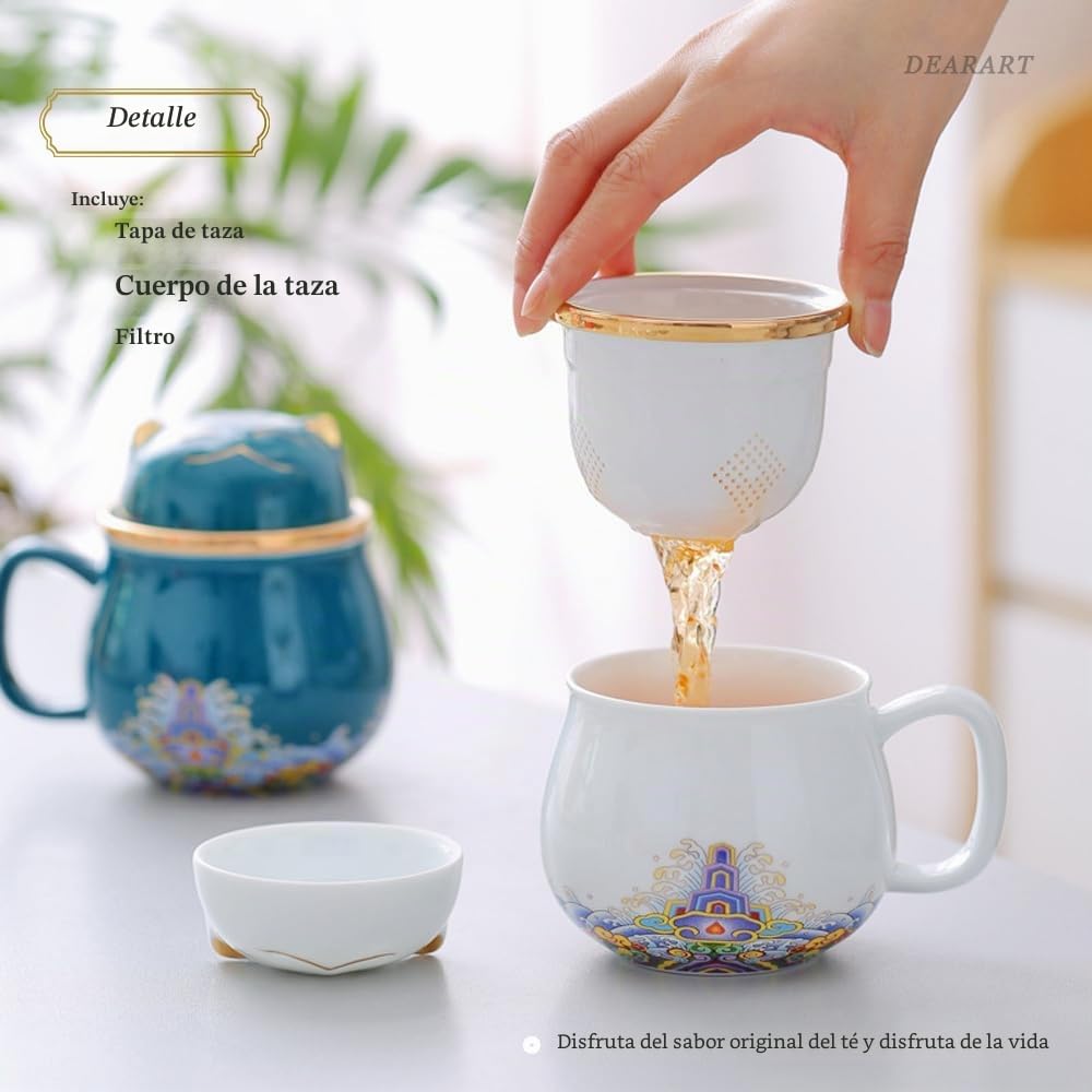 DEARART Hermosa taza de té con infusor y tapa, 300ml Capacidad Diseño lindo, fácil de limpiar Mantener caliente, Traje Viajes de oficina en casa, blanco