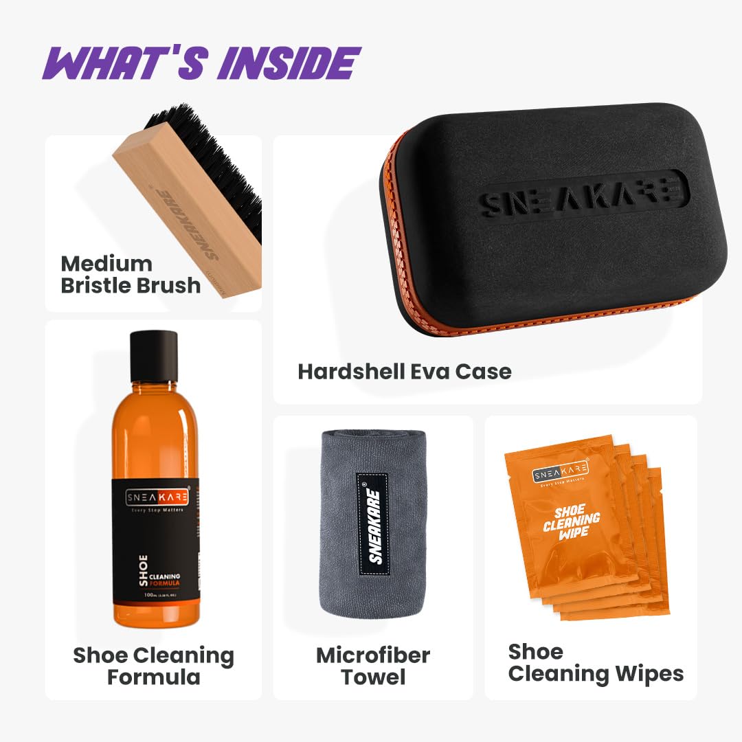 SNEAKARE Travel Shoe Cleaning Kit | Contains 100ml Shoe Cleaner, 1 Medium Shoes Brush, 1 Microfiber Cleaning Cloth (Microfiber Towel) & 4 Shoes Wipes | Suitable for Leather, Canvas & Sneakers 1