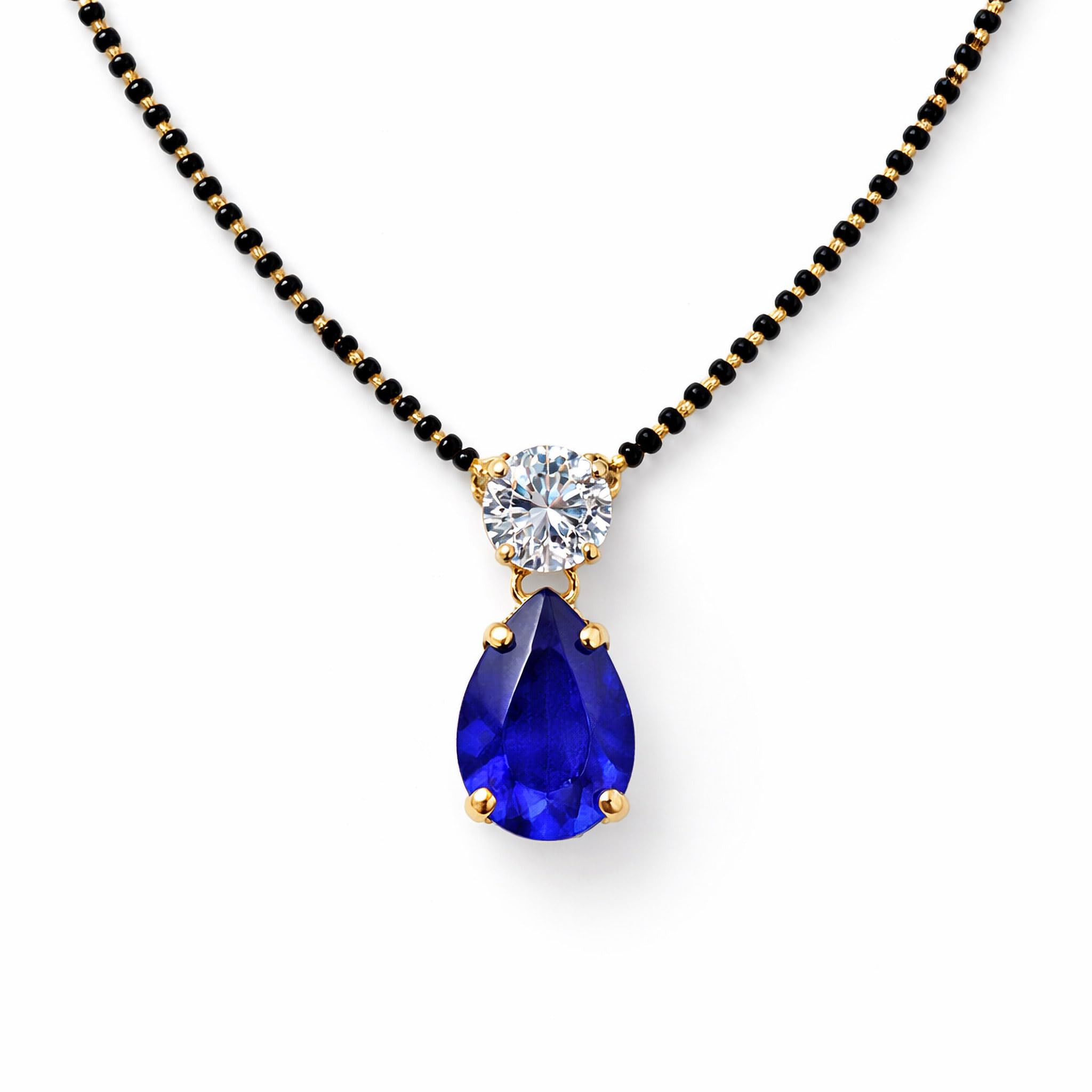 Blue Stone Mangalsutra for Women | Gold-Plated Black Bead Chain with Teardrop Sapphire Look Pendant | Traditional & Modern Daily Wear Jewelry for Wife & Girls-image-4
