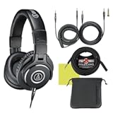 Audio Technica ATH-M40x Professional Studio Monitor Headphone Bundle with Detachable Cables&comma; Pig hog 25’ Extension Cable&comma; Detachable Cables&comma; Screw-on 1&sol;4” Adapter & Polishing Cloth