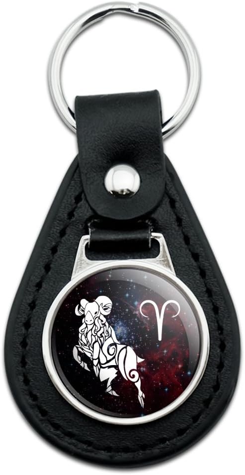Black Leather Aries Zodiac Sign Horoscope in Space Keychain