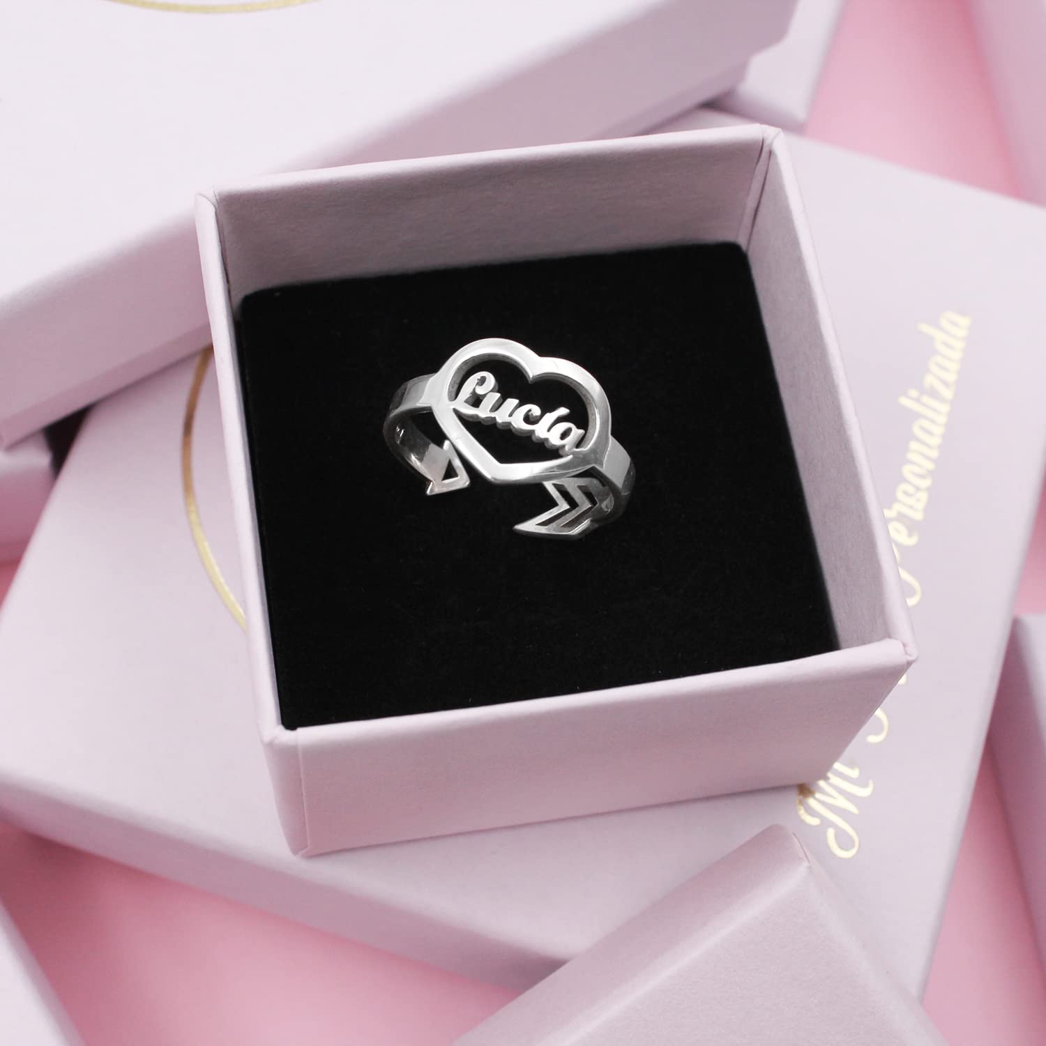 Anillo Corazón con Nombre Personalizado Plata de Ley Ajustable para Mujer - Regalo Original Enamorado Flecha Cupido