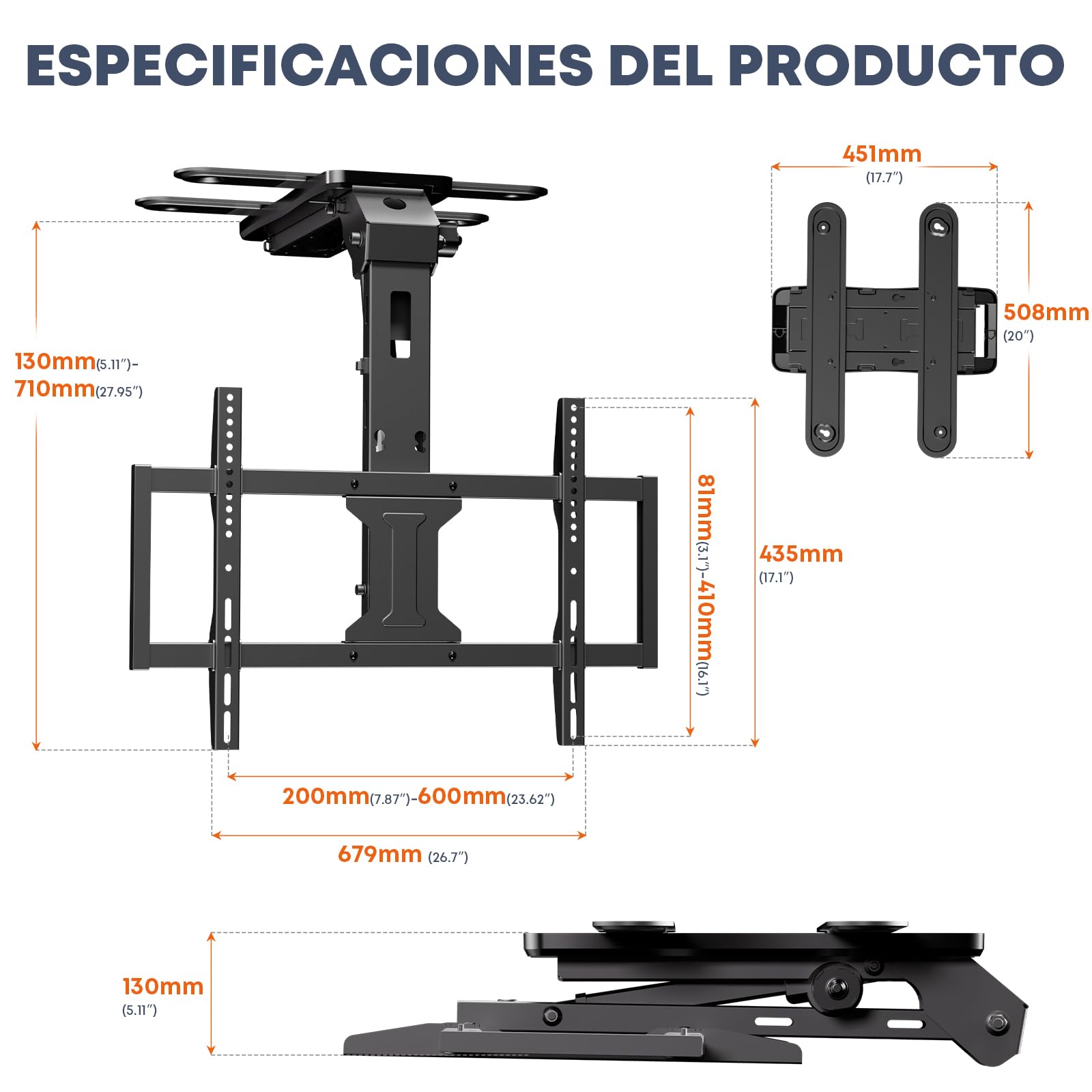Soporte TV Techo Motorizado 37–75" – Elevador TV Eléctrico Abatible, Mando a Distancia, 45 kg de Carga, VESA 600×400mm, Negro