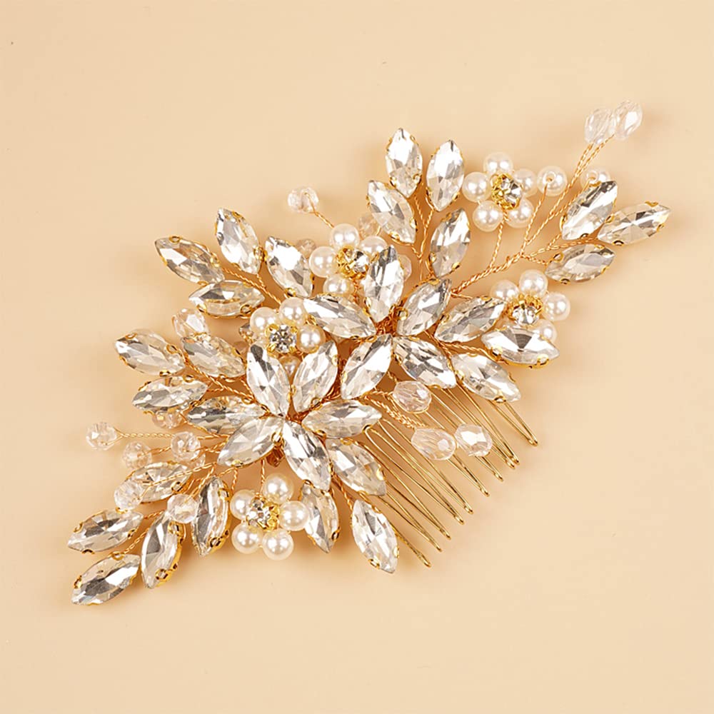 BERYUAN Pearls Rhinestone Flowers Hair Comb Teardrop Crystal Rhinestone Wedding Headband Gold Bride Headband Crystal Rhinestone Pearls Wedding Headpiece for Women Girls (GOLD) - Image 2
