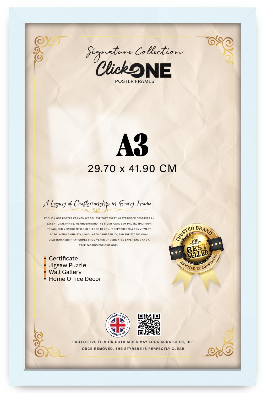 Click One | Elegant Rectangle A3 (29.70 X 41.90 CM) Poster Picture With Solid Engineered Wood Finish, Hanging Hooks And White Border — 16 X 11 Inch For Gallery And Family Photos — Wall Ready