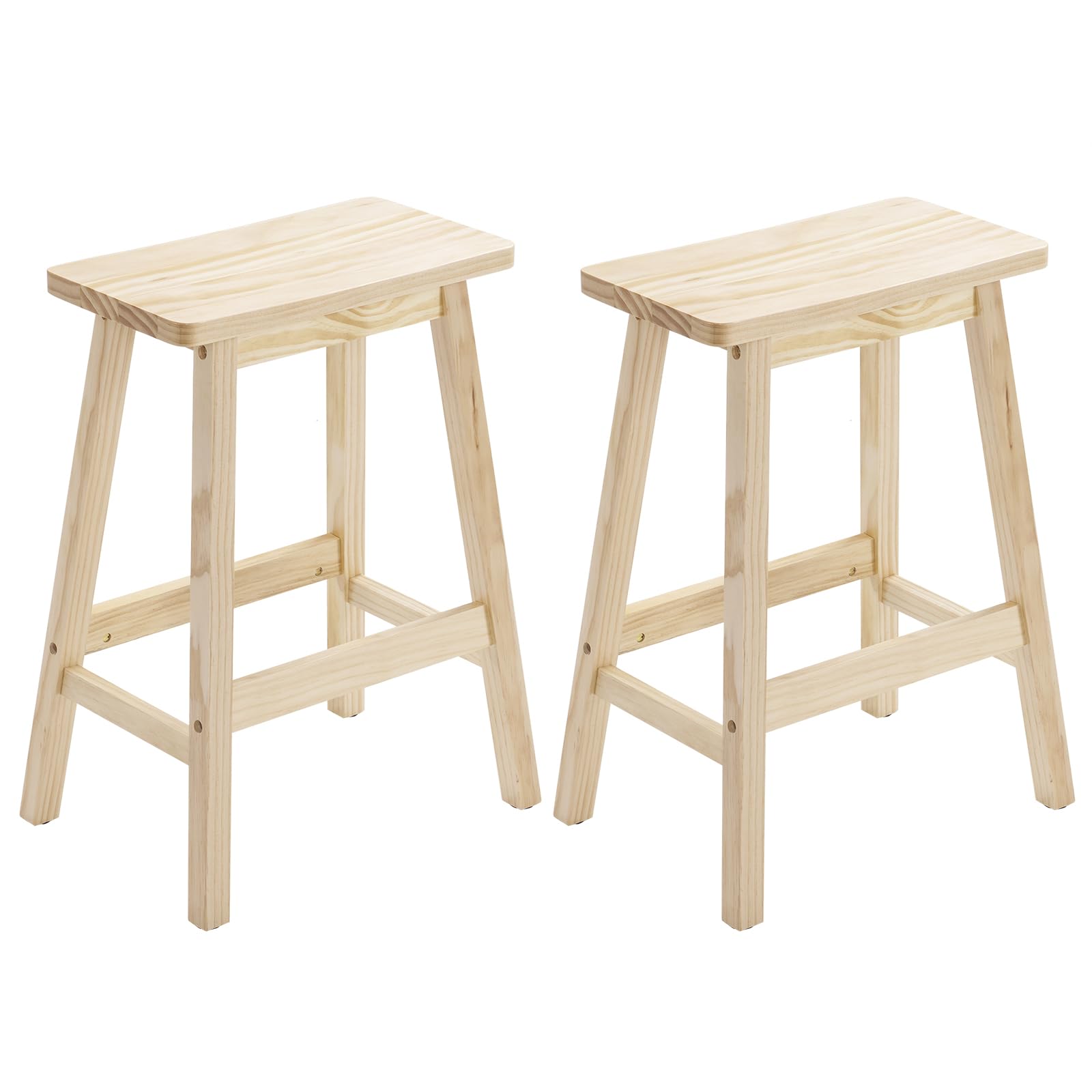 Bonnlo Tabouret de Bar Lot de 2 en Bois, Chaise Cuisine Couleur Bois Naturel, Tabouret de Salle à Manger, Forme Coussin, Facile à Monter, 61cm de Haute