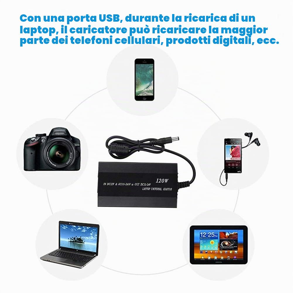 Adattatore Di Alimentazione Regolabile Universale per Notebook PC - 90W, 110-240V, Domestico e Auto (EU)