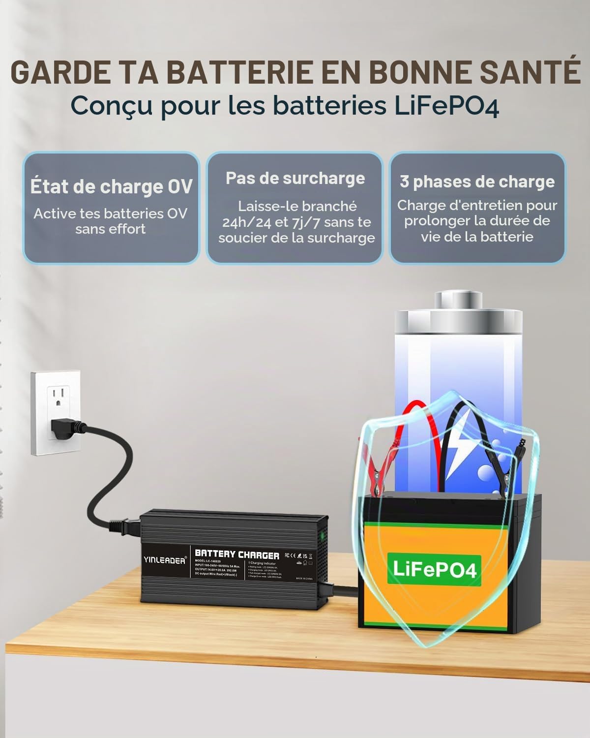Yinleader Chargeur de Batterie Automobile LiFePO4 20A 12V - Chargeur Intelligent Automatique pour Batteries au Phosphate de Fer Lithium 14,6V 20A - Protection Multiple et Taille compacte