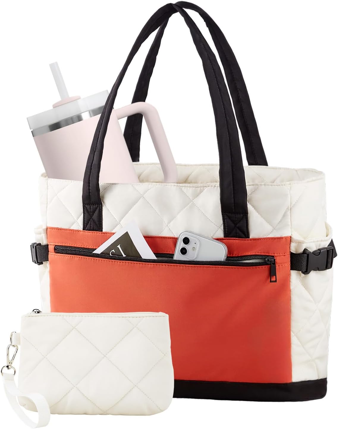 Puffer Tote Bag for Women, Work Bag with Cup Holder, Teacher Bag with Compartments, Quilted Tote Bag with Zipper for Travel