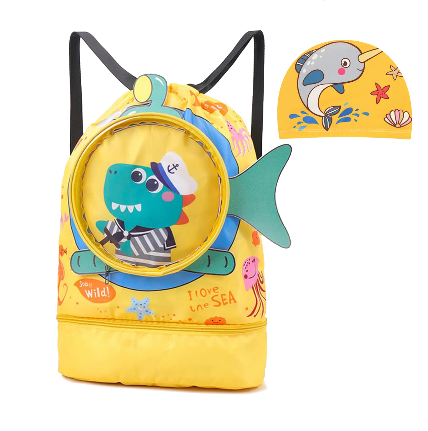 Children's Drawstring Bags Swimming Backpack, Drawstring Children's Swimming Bag, Beach Bag, Sports Fitness Bag, Dry and Wet Separation, Suitable for Children, Men and Momen. (Yellow Crocodile)