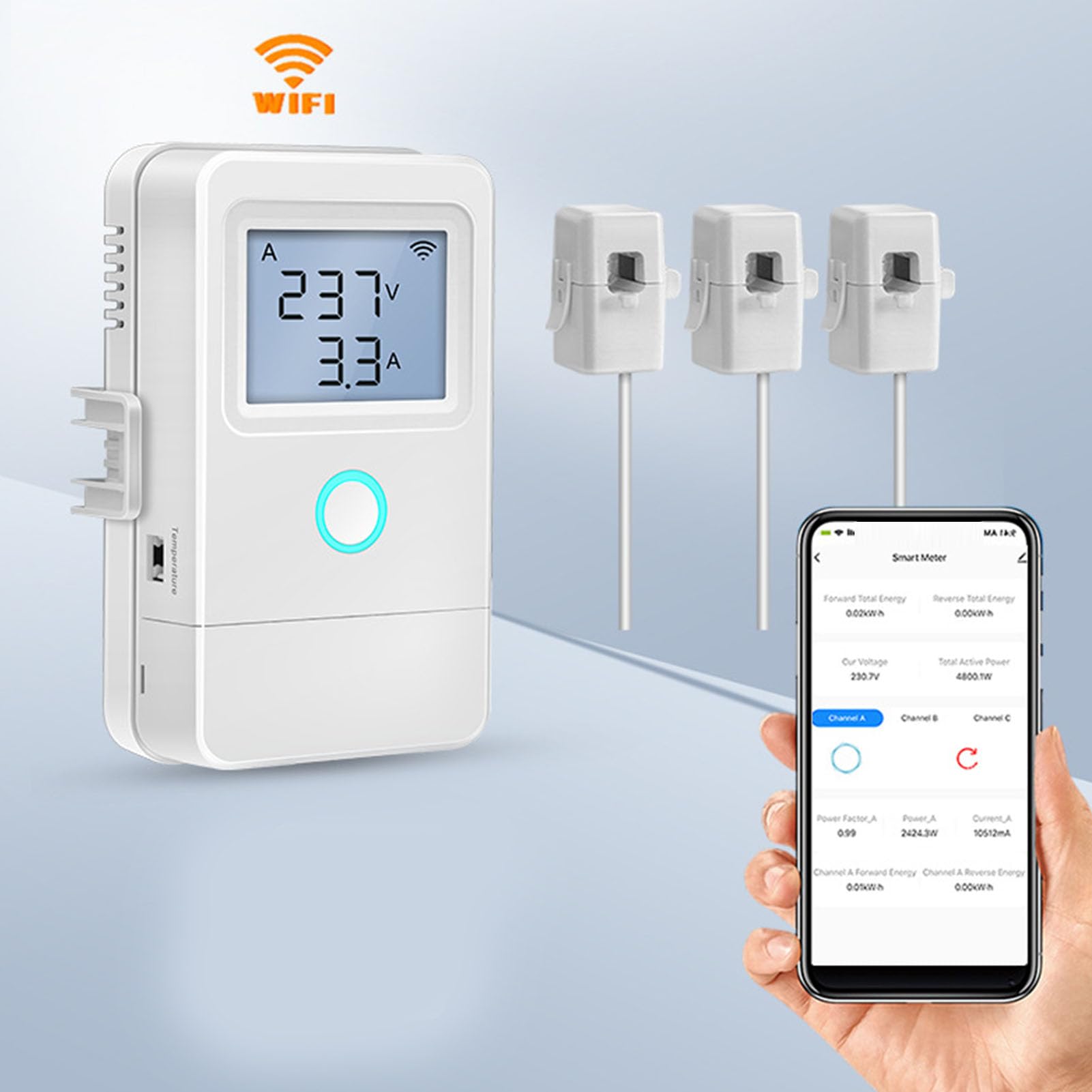 SEAFRONT Monitor de Energía Eléctrica WiFi Control Remoto Pantalla LCD 3 Canales 100A 16A Relé Alarma de Sobrecalentamiento para Electrodomésticos