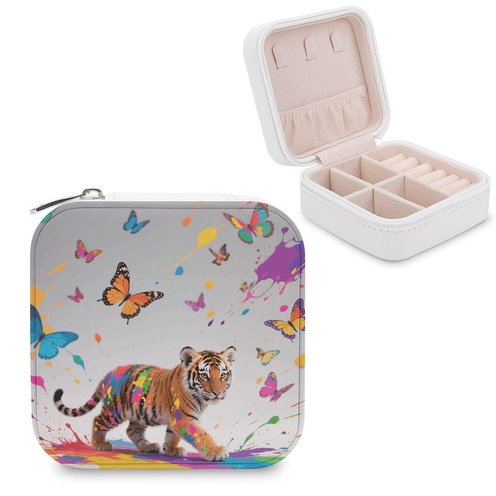 VstaDank Tiger with Butterflies Jewelry Organizer Travel Case for Women With Zipper Mini Jewelry Case PU Leather Jewelrys Box for Rings Necklaces Bracelets Earring Holder Organizer Storage