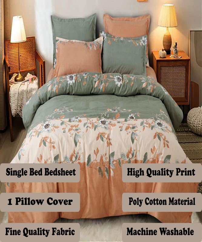 Image of Polycotton Single Bed Bedsheet, Flat Sheet with 1 Pillow Cover, Queen (60x90 inch), 300 TC, Green & Orange, Set of 2