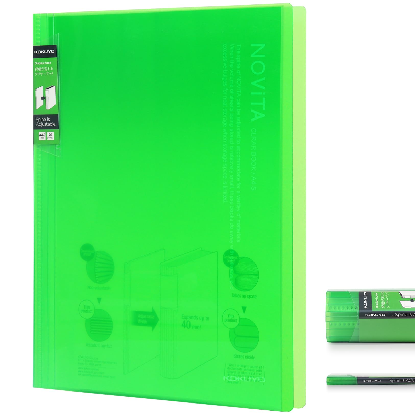 Kokuyo 20-Pocket Binder with Plastic Sleeves 8.5"x11" (Light Green), A4 and US Letter Expandable Art Portfolio Folder with Clear Sheet Protectors. 40