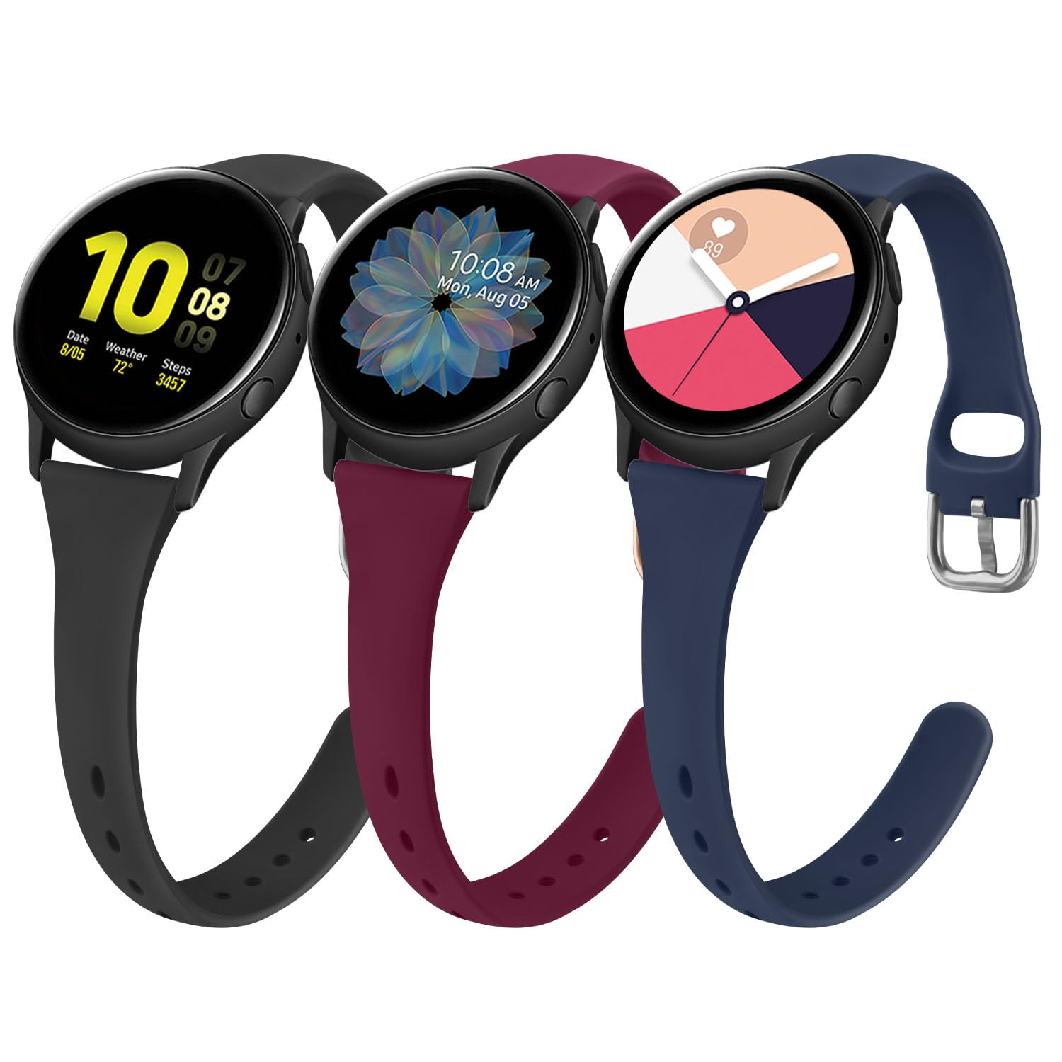 Vancle 3 Pack Slim Bands for Samsung Galaxy Active 2 Watch Bands 40mm 44mm Women Men, 20mm Soft Silicone Sport Strap Replacement Wristbands for Samsung Galaxy Active/Active 2 (Black/Navy Blue/Wine Red)
