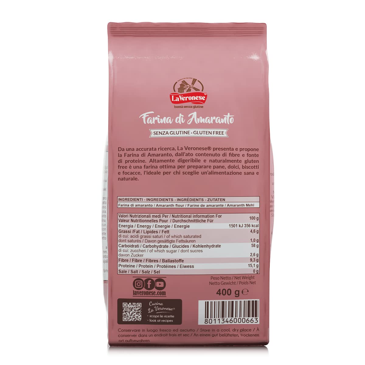 La Veronese | Farina di Amaranto, per Biscotti, Pane e Focacce, Senza Glutine, Ricca di Fibre e Proteine, Alimento Altamente Digeribile, Fortemente Aromatica, 4X400g