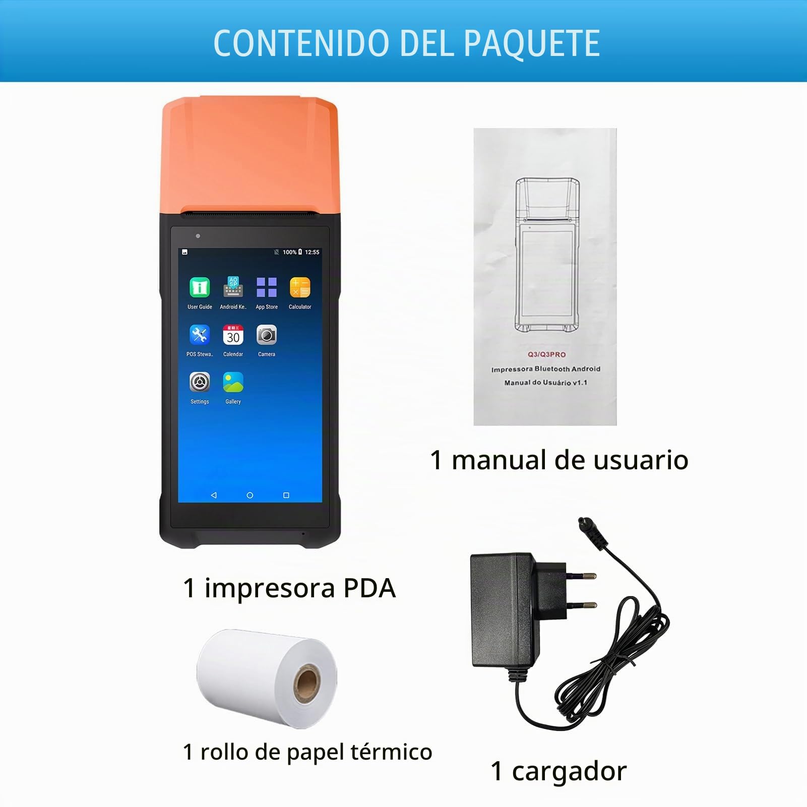 Terminal PDA Compacto 11.0 con Impresora Térmica, Cámara de 2 Megapíxeles, POS Portátil para Inventario Minorista, Escáner de Pago Restaurante con Pantalla Táctil Portátil 5,5" para (Enchufe