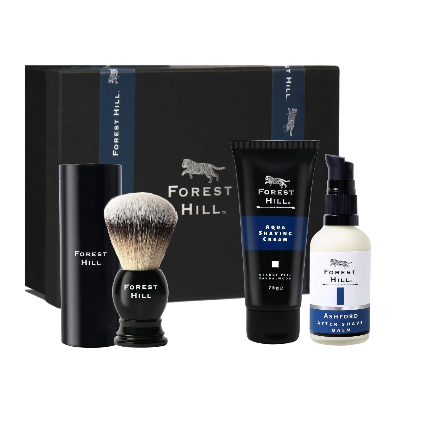 Forest Hill Men Grooming Gift Set, Pack of 3 Luxury Shaving Kit, Post Shave Balm 100ml, Aqua Shaving Cream 75g and Easy Grip Soft Hair Black Shaving Brush With Holder, Ideal For Personal and Professional Salon