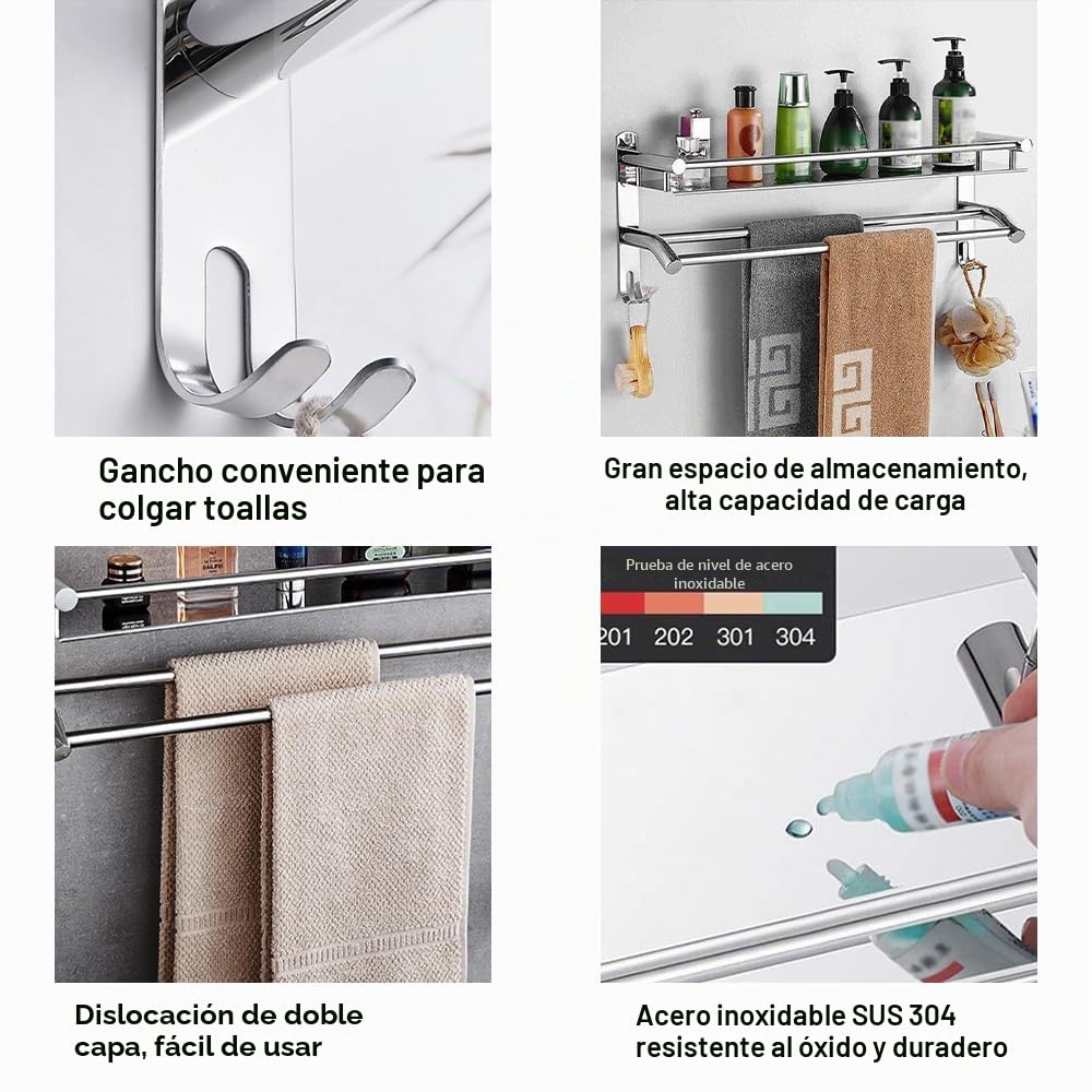 Toallero cromado de acero inoxidable con estante y ganchos, barra de toalla de baño de 59 cm, toallero para baño, cocina, inodoro