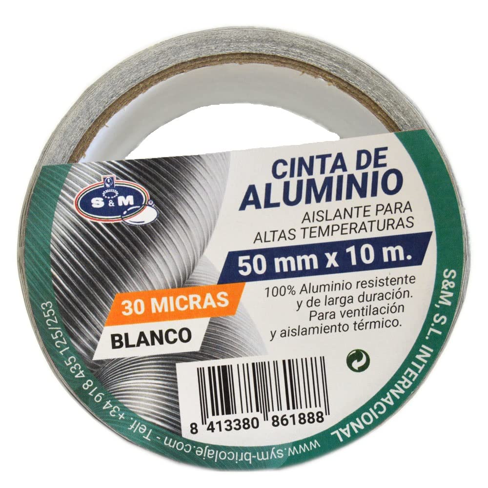 S&M Cinta aluminio blanca 50 mm x 10 m (espesor 30 micras) SANEAPLAST- Cinta adhesiva de aluminio multiusos– Rollo de 10 metros, Blanco