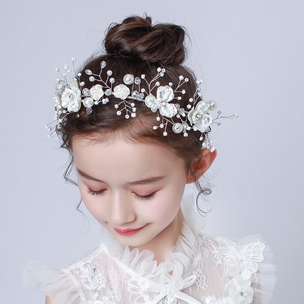 IYOU Flower Girls White Heapiece Pearl Bridal Hair Dress Prom Holy Communion Hair Accessories for Women and Girls - Image 4