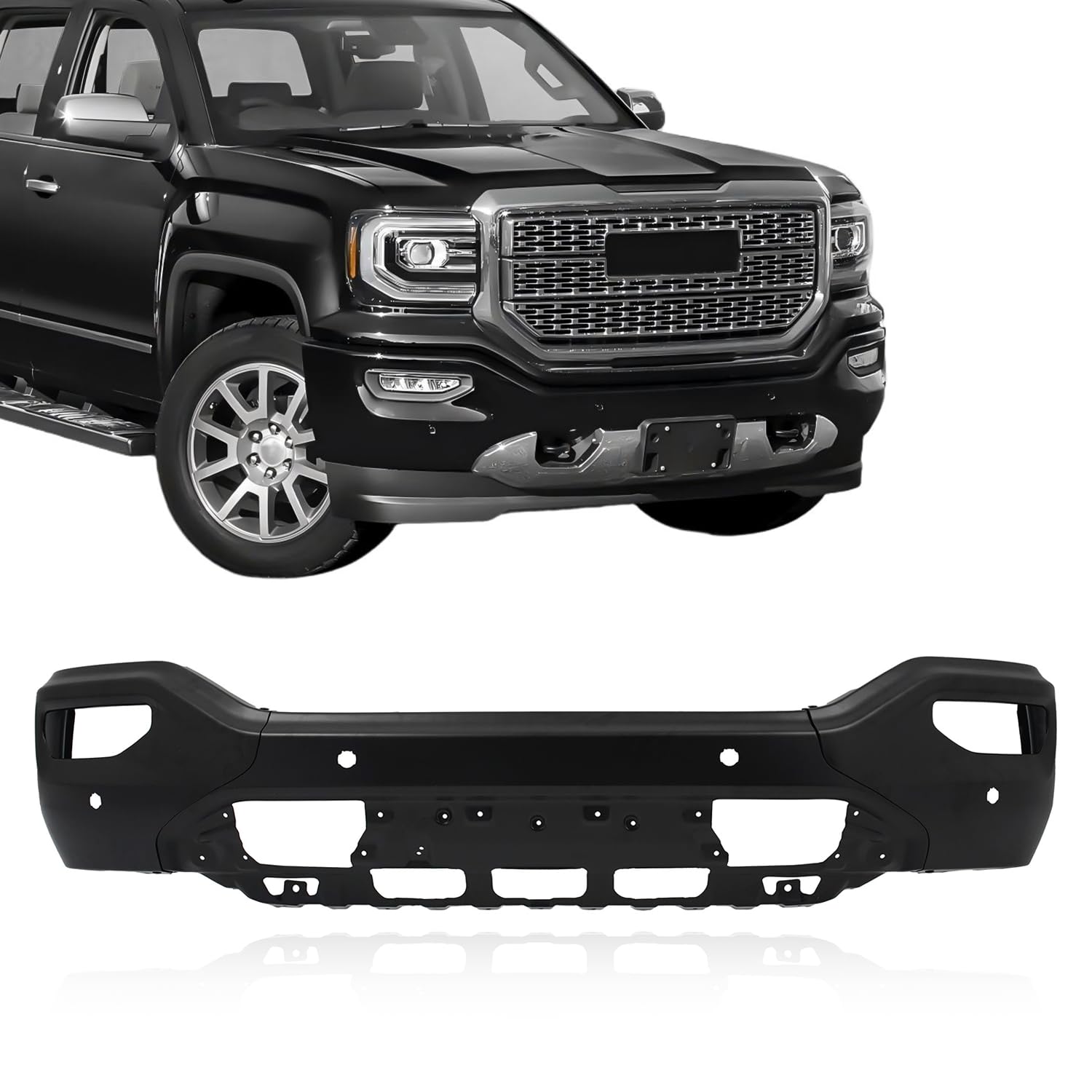 Black Steel Front Bumper For 2016-2019 GMC Sierra 1500 W/Fog Light Hole GM1002864, 23381976 （comes in three pieces）
