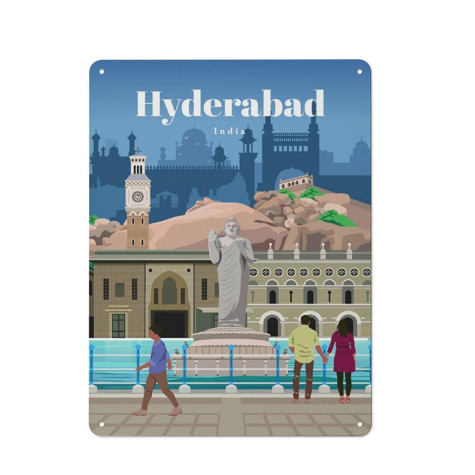 Junmoney Travel To Hyderabad Cafe Style Metal Wall Decor 40X30cm, Vintage Metal Sign For Takeaway, Bar, Kitchen Or Counter Area