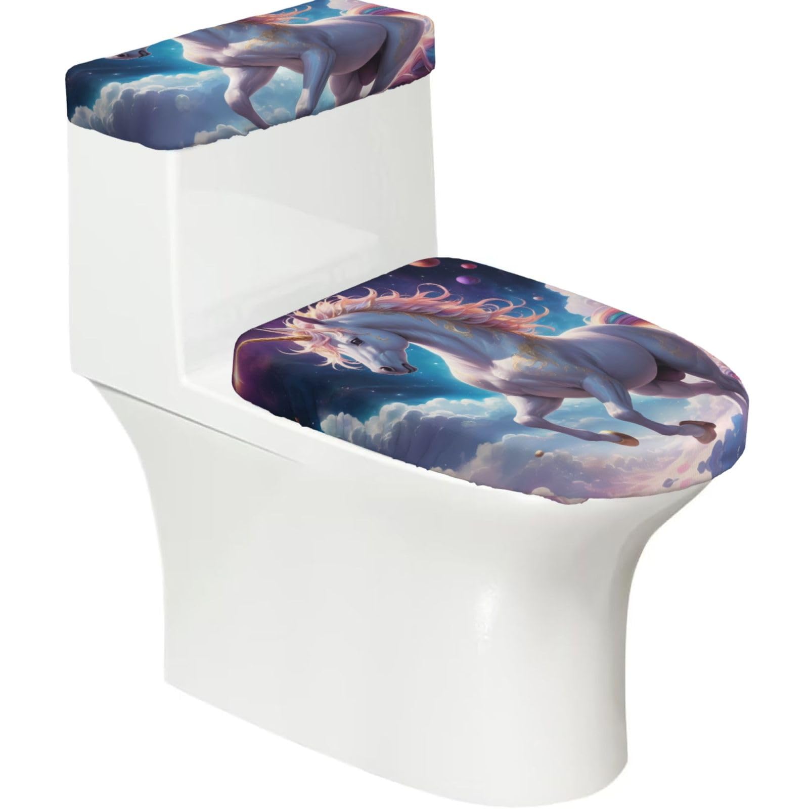 Quantum Unicorn 2-Piece Toilet Seat Cover Set with Tank Lid, Elastic Fit for U-Shape & Elongated Toilets, Bathroom Decor, Housewarming Gift