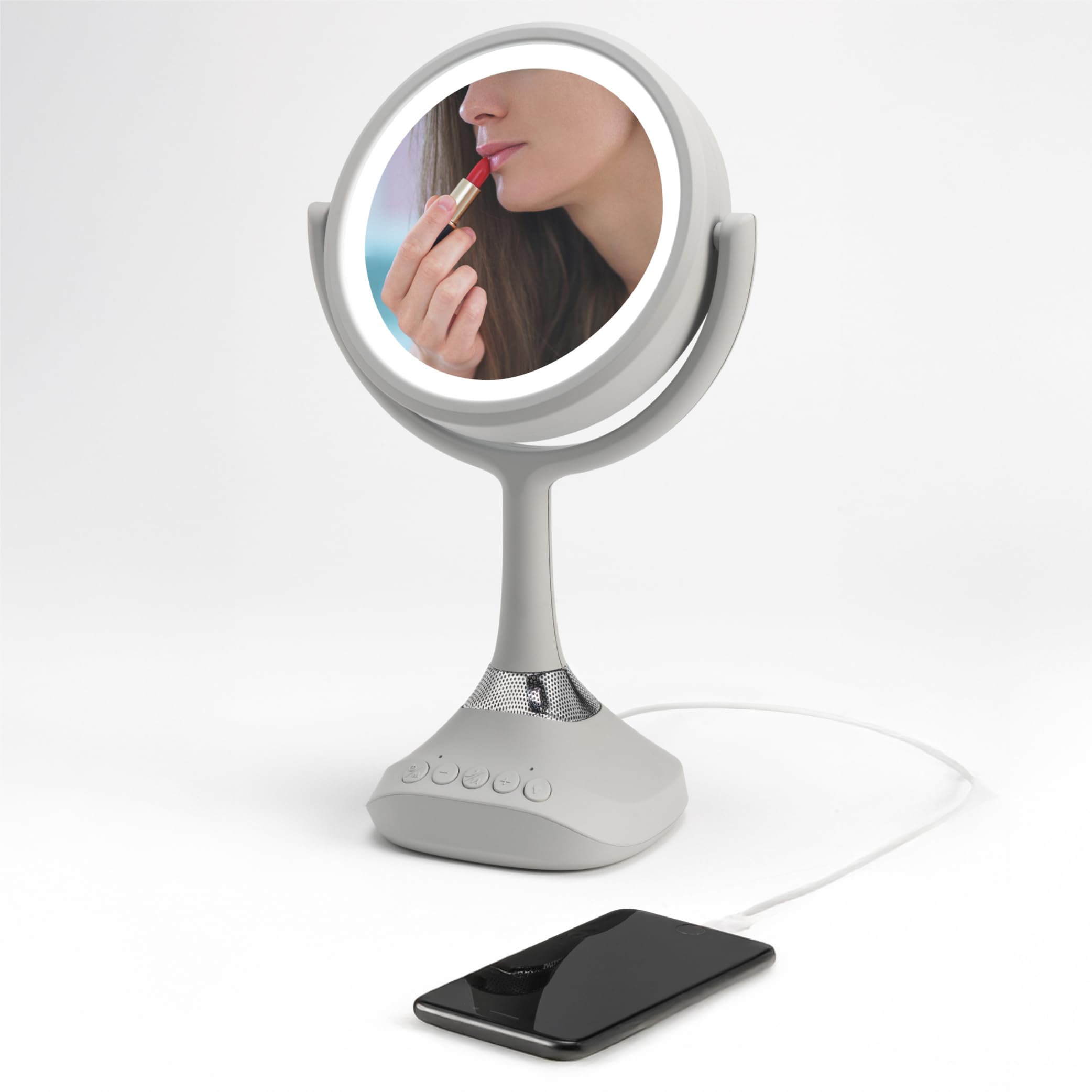 Homewerks 76-101-BT 19,1 cm persönlicher Make-up-Spiegel mit Bluetooth-Lautsprechern und LED-Beleuchtung, Handheld-Bluetooth-Kosmetikspiegel mit Lichtern für Badezimmer, Schlafzimmer oder Reisen
