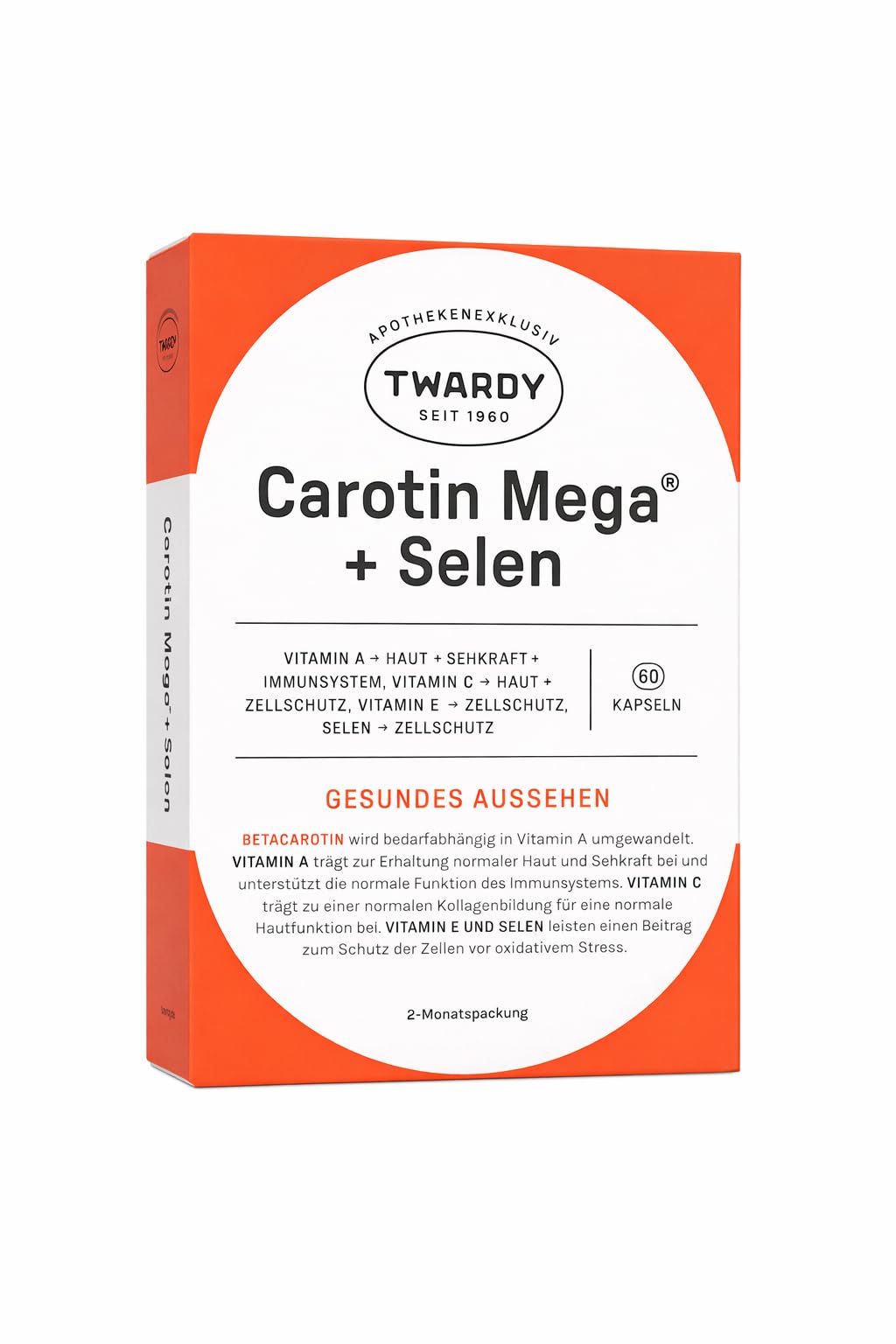 Astrid Twardy Carotin Mega+Selen Kapseln Anti-Aging & Zellschutz mit Betacarotin (Provitamin A), Vitamin C & E, Selen für gesunde, strahlende Haut & Immunabwehr, Nahrungsergänzungsmittel 60 Kapseln