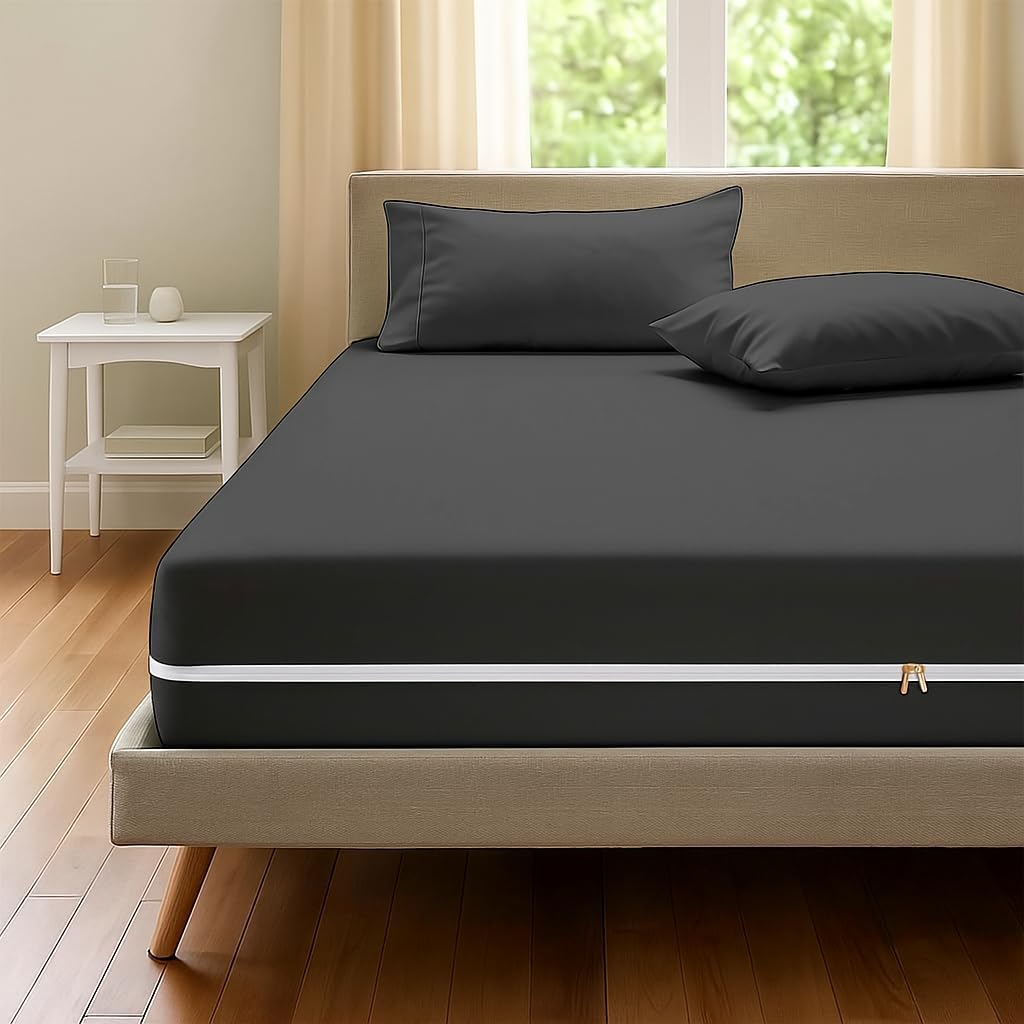 Zipper Fitted Sheet - Queen Size, 15 Inch Deep Pocket, Hotel Quality Brushed Microfiber Bottom Sheets, Soft Wrinkle-Free, Shrinkage and Fade Resistant, 1 Fitted Sheet Only (Dark Grey)