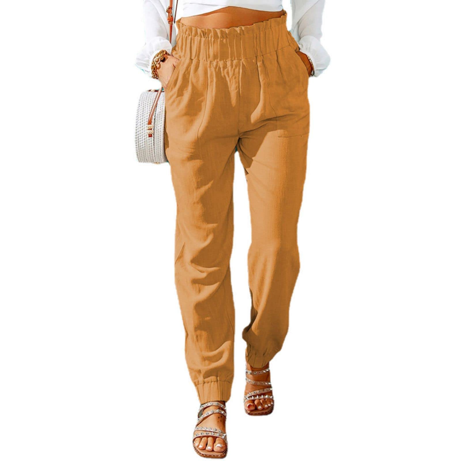Mmoneyake Womens Elastic High Waist Pants Slim Fit Casual Office Pencil Pants Casual Solid Jogger Pants Trouser with