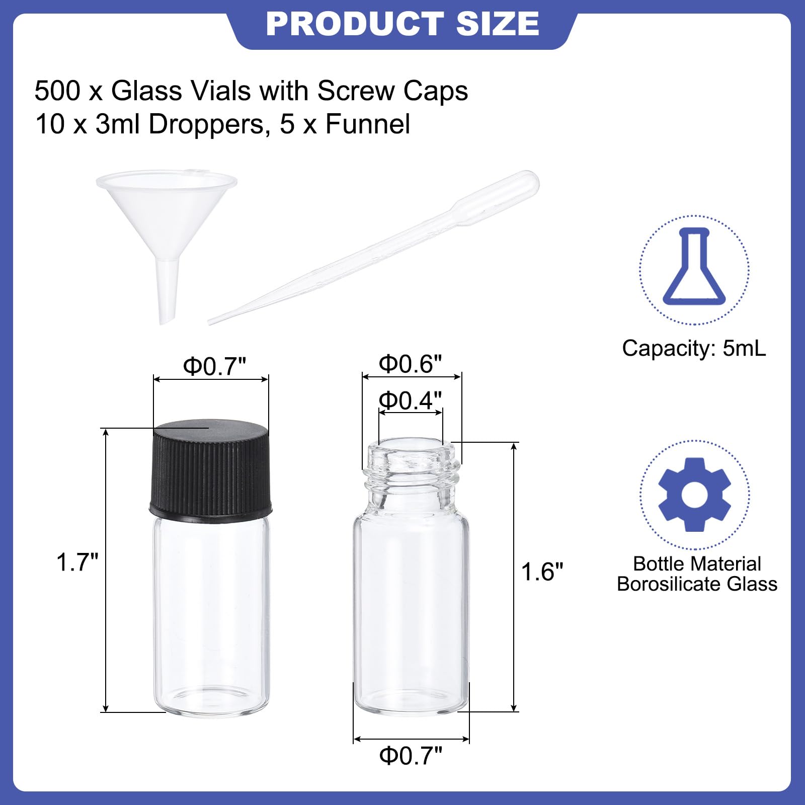 PATIKIL 5ml Clear Glass Vials, 500 Pack Sample Vials with Screw Cap Reagent Media Bottle with 10 Dropper and 5 Funnel Leak-Proof Liquid Vial for Lab Laboratory
