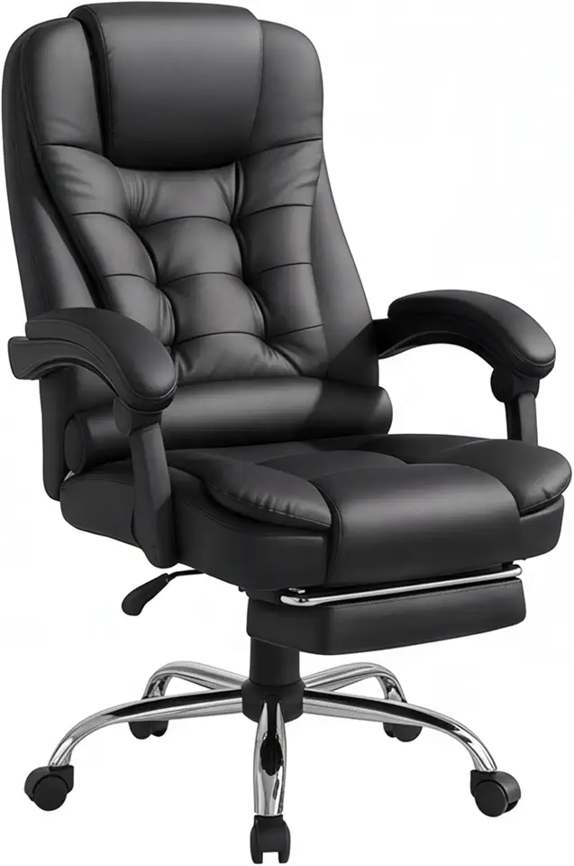 Cadeira Executiva Presidente Ergonômica, Couro Sintético, Reclinável 150°, com Apoio de Pés Retrátil e Suporte Lombar, Preta