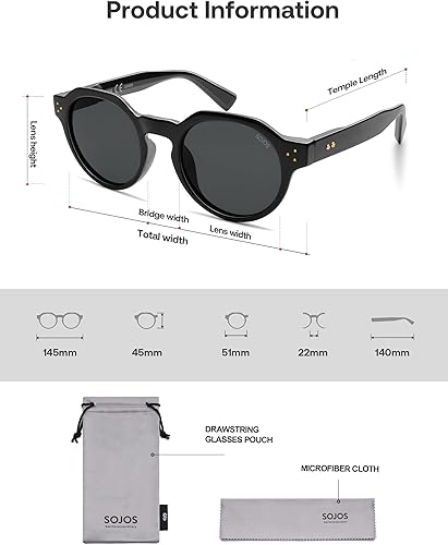 Miniatura 6 de SOJOS Lentes de sol polarizados retro para mujeres y hombres, gafas de sol redondas vintage de los años 90, protección UV400, SJ2623