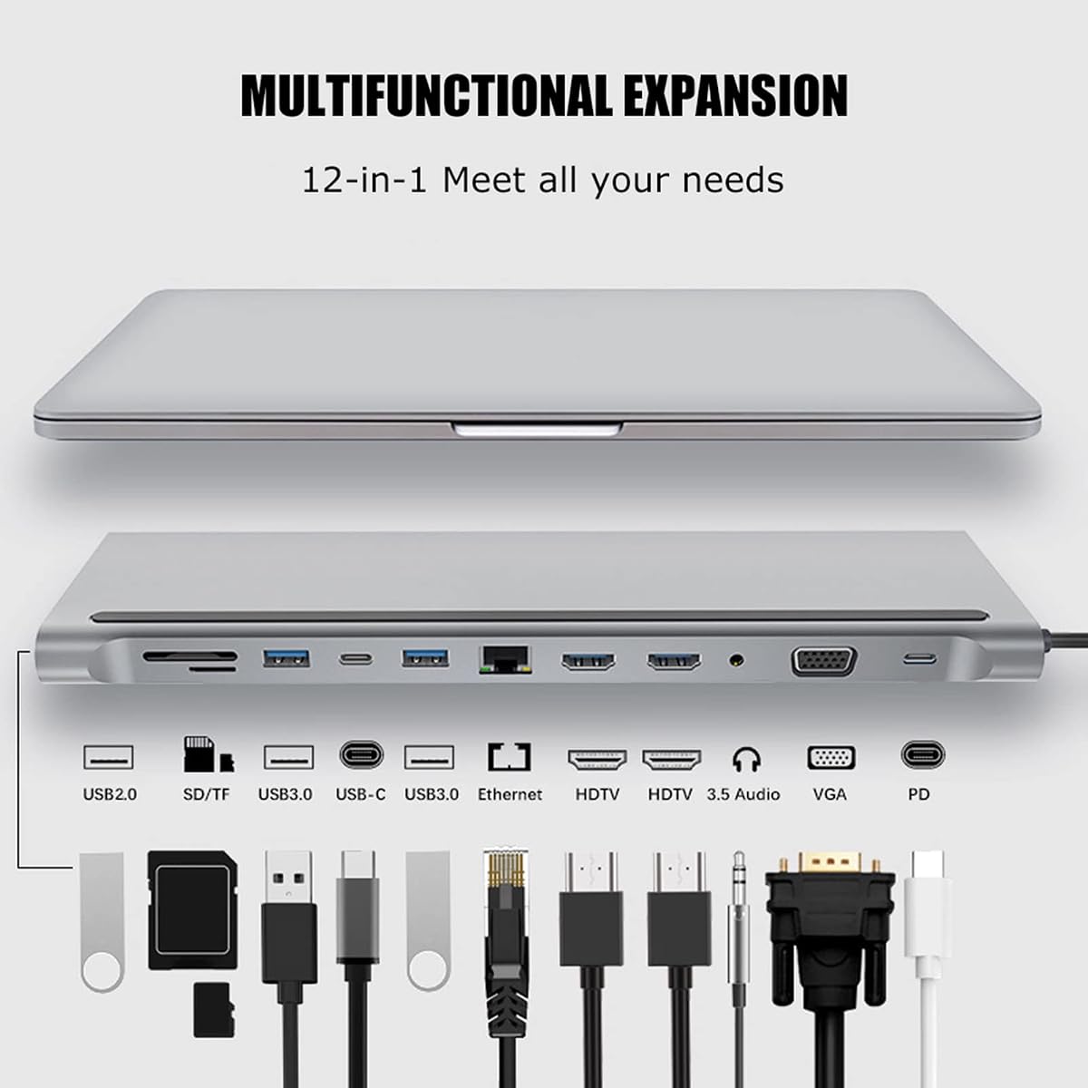 Stacja Dokująca do Laptopa 12 w 1 Typu C, z 2 USB 3.0, USB 2.0, VGA, Modułem PD, Gniazdem 3,5 Mm, małą kartą Pamięci, kartą Pamięci, Złączem RJ45, Interfejsem Typu C