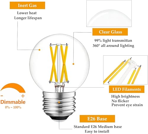 Miniatura 3 de Bombilla LED regulable E26 g16.5 de filamento LED Edison, 4 W, 3000 K, blanco cálido, equivalente a 40 W, para accesorios colgantes, candelabros,