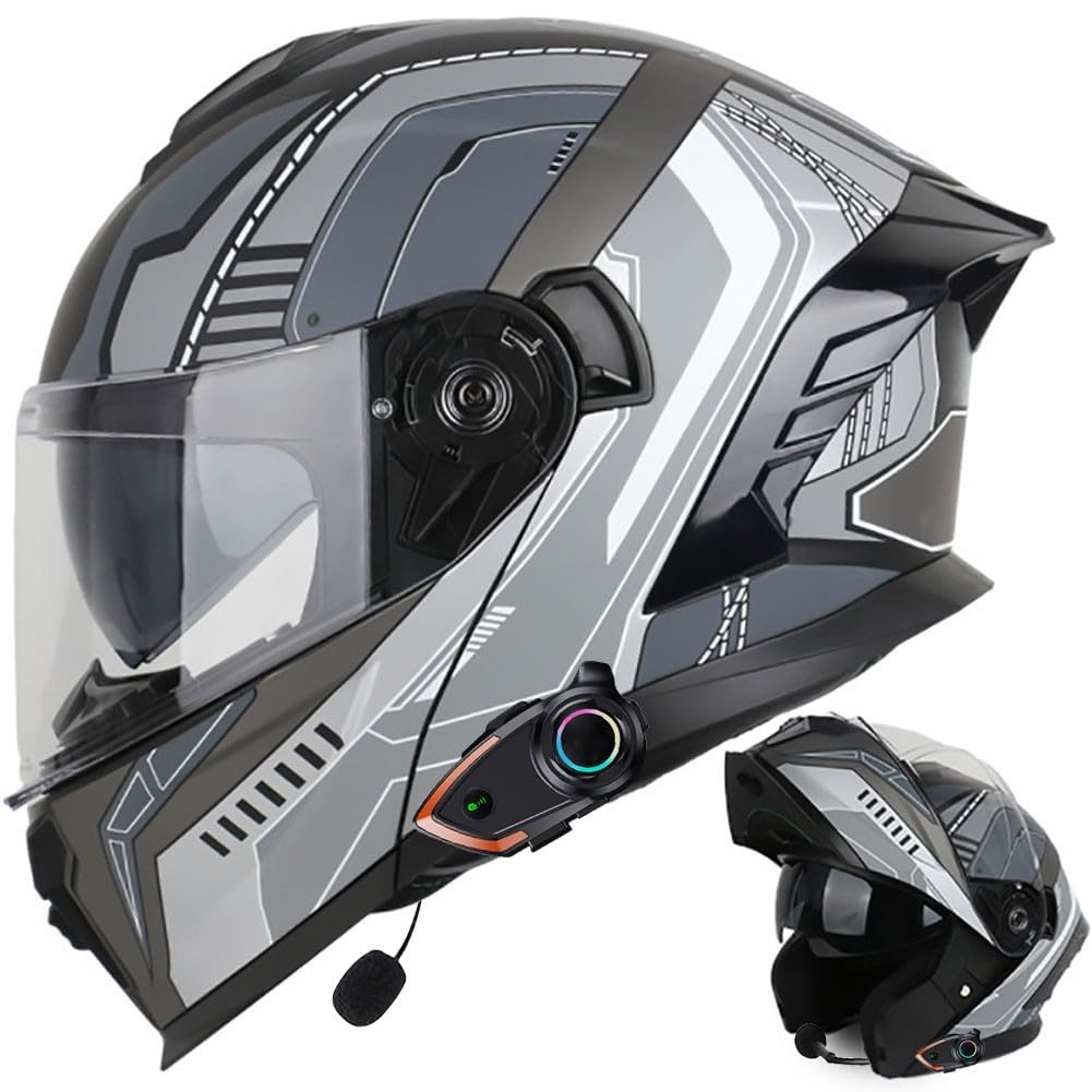 Motorrad Klapphelm mit Bluetooth, Motorradhelm Integrierter Bluetooth-Helm mit ECE Zertifiziert Moped Full Face Helm Rollerhelm Anti-Fog-Doppelspiegel für Damen Herren 54~63cm