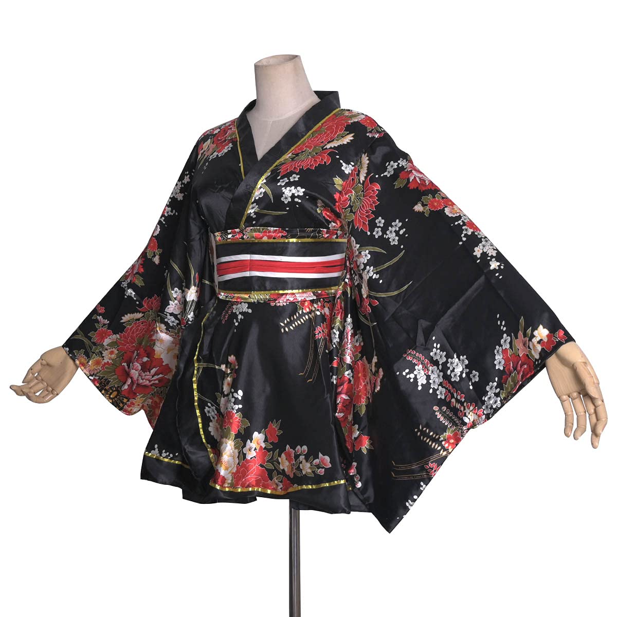 HUAHUA Women's Sexy Short Kimono Dress Floral Print Japanese Traditional Geisha Robe Bathrobe Skirt Belt Outfit: One Size D01-black