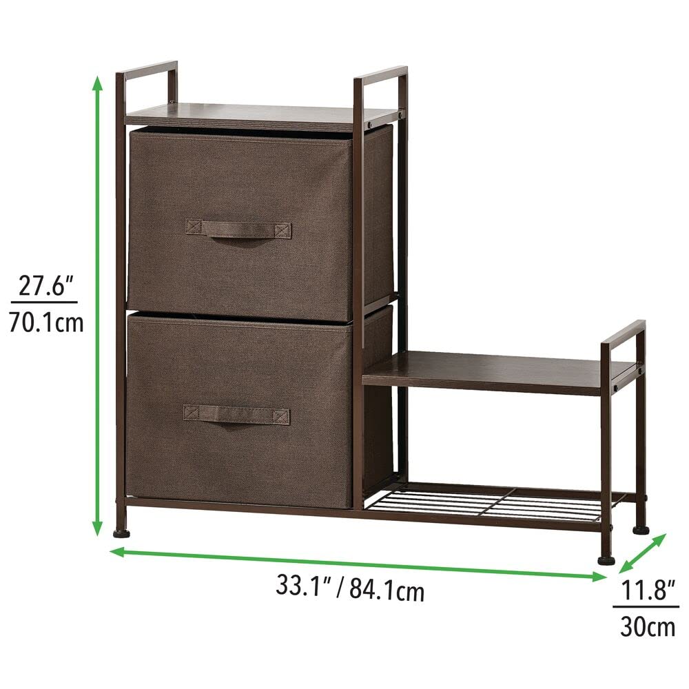 mDesign Cassettiera con due larghi e profondi cassetti in stoffa – Comò in legno e metallo per ingresso, lavanderia o camera da letto – Dotato di ampia mensola e scarpiera laterale – marrone scuro