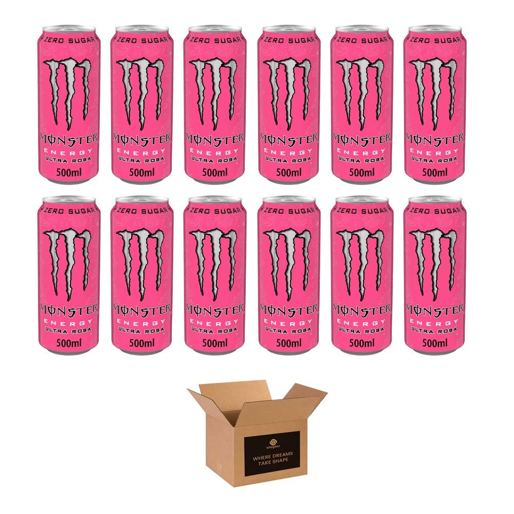Monster Energy Drink Flavours | Juiced, Zero Sugar, Ultra, Monarch, Fiesta Mango, Strawberry Dreams, VR46, Punch | High Caffeine Sports Energy Drink | 500ml (Pack 12, Ultra Rosa)