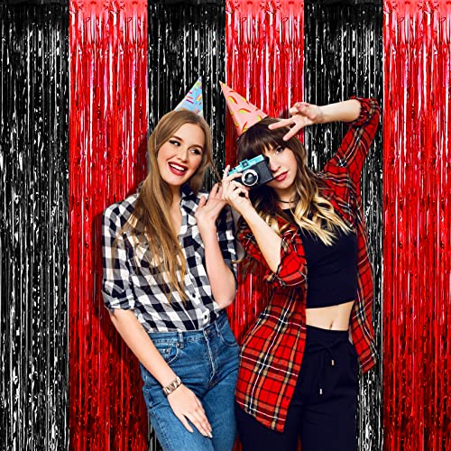 Image of 4 Pack 3.2Ft x 8.2Ft Black Red Foil Fringe Curtain Backdrop, Metallic Tinsel Foil Fringe Streamers Curtains for Photo Booth, Wedding, Casino Viva Las Vegas Game Night Birthday Party Decoration