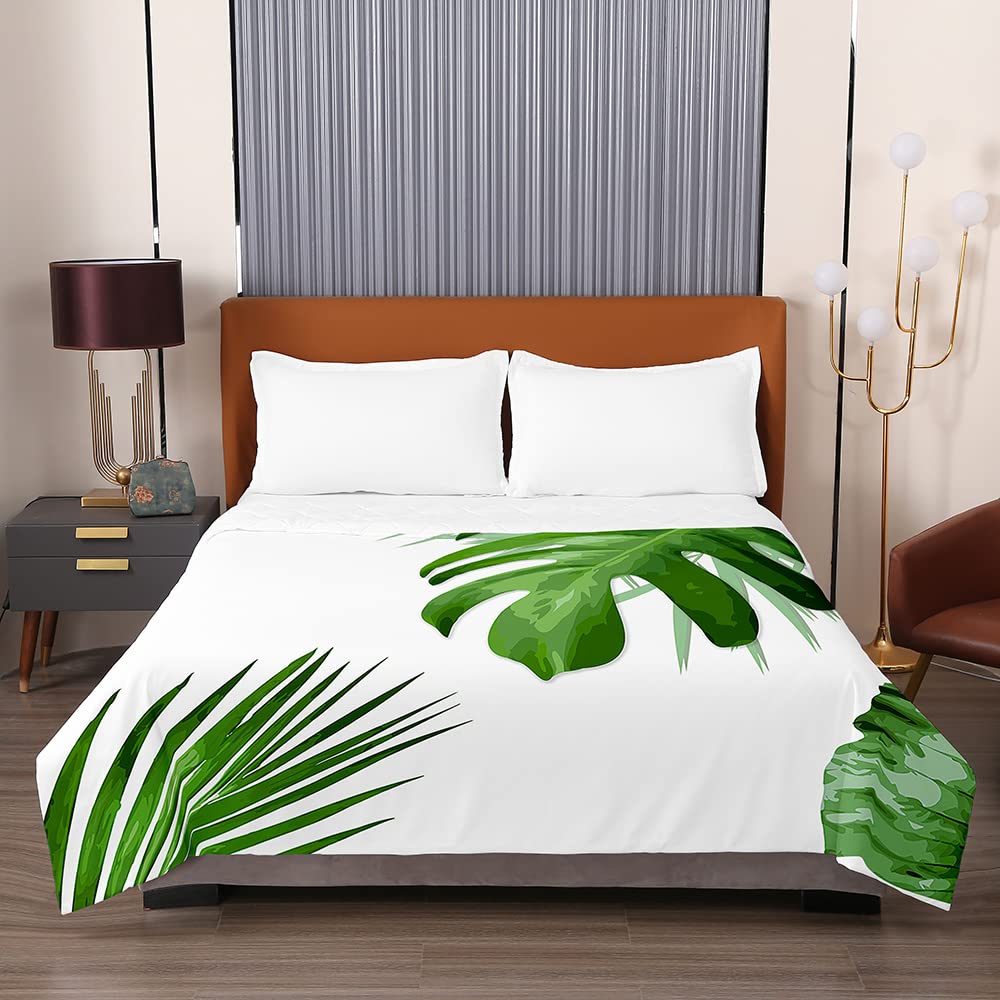 Surwin Pure White Embossed Quilted Bedspreads Single Double Super King Size, 3D Green Leaf Printed Bedspread Quilt Sofa Throws Blanket Lightweight Coverlet Comforter Bed Sheet (,200X230cm)