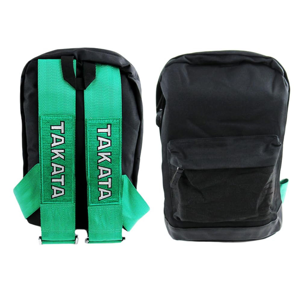 W-POWER JDM Bride Recaro Racing Laptop Travel Backpack Brown Bottom with Adjustable Harness Straps (Bride-BK - Green TAK Strap)