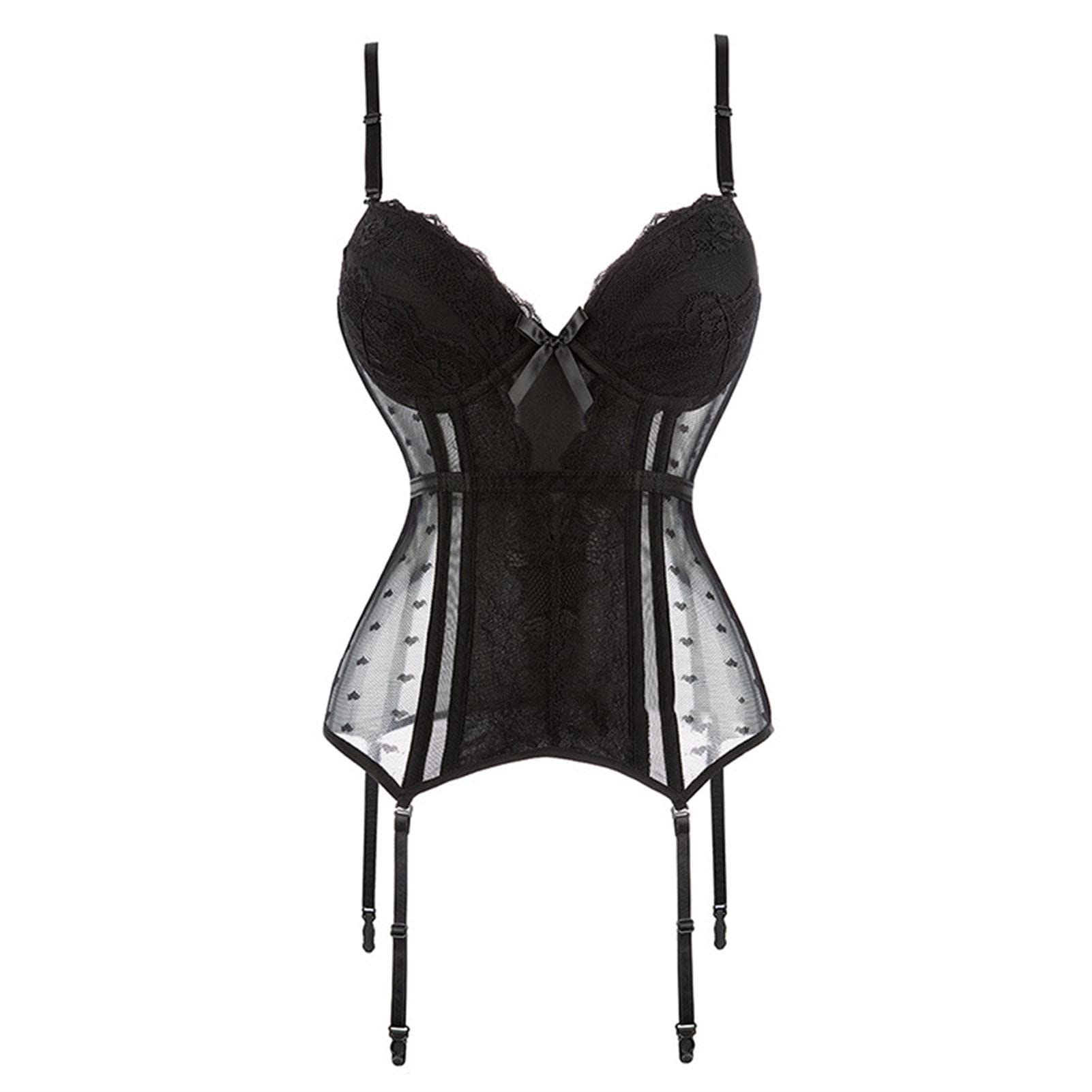 Kyisoy Garter Straps Corset Bustier for Women Plus Size Lace Floral Lingerie Teddy Bodysuit Sexy Boned Push Up