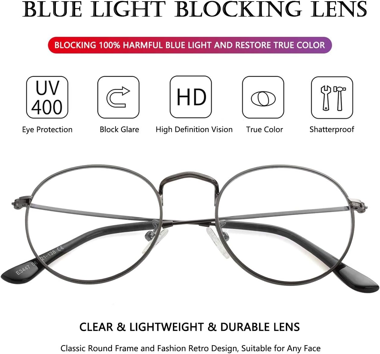 AIEYEZO Blue Light Glasses for Women Men Fashion Retro Circle Wire Frames Eyeglasses Anti-Blue Light Computer Gaming Glasses image 3