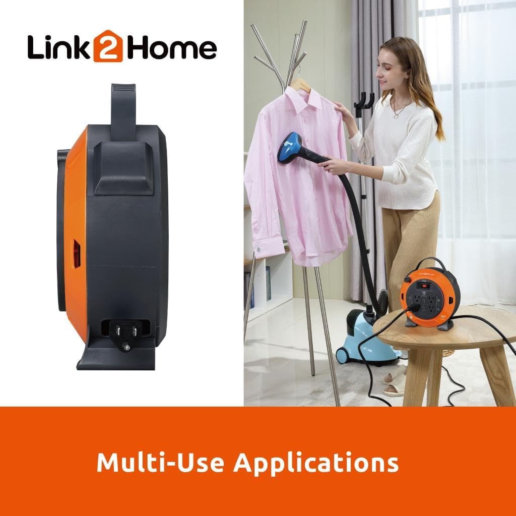 Link2Home Heavy Duty Retractable Extension Cord Reel 20 Ft. with 4 Outlets, 2 USB Ports & 16 AWG 3-Prong SJT Cord